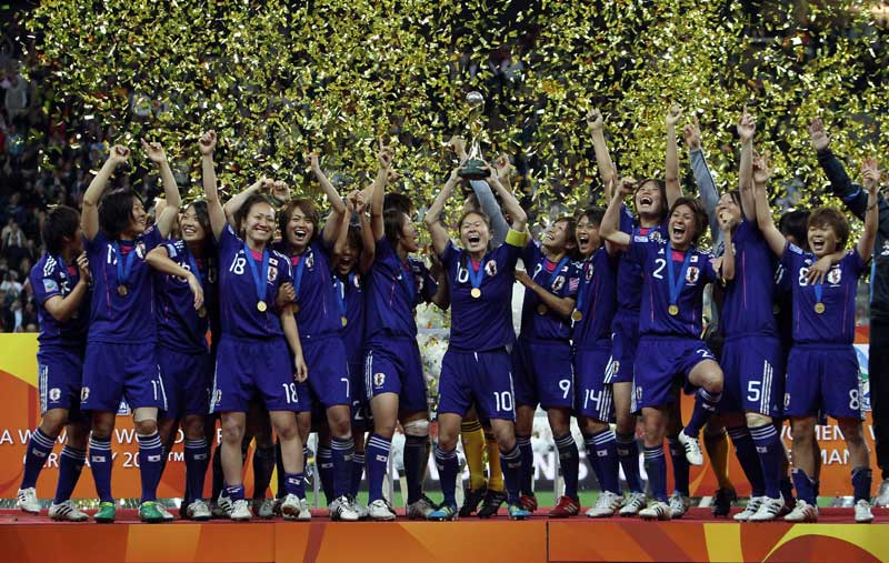 Japan lift the FIFA Women's World Cup in Frankfurt.